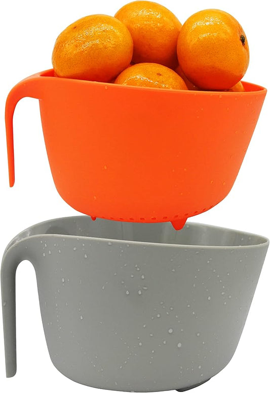 2 in 1 Colander with Long Handle Strainer and Mixing Bowl, Fruit Vegetable Washing Basket, Double Layered Strainer, Non-slip Bottom, Stackable, Dishwasher Safe, Soaking Draining and Straining