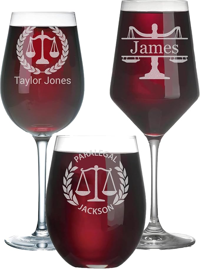 Personalized Lawyer Gifts for Women, Custom Wine Glass, Pass the Bar Exam Gifts for Female Lawyers, Office Present for Attorney, JD, Future Lawyer, Law School Graduation Gift for Women