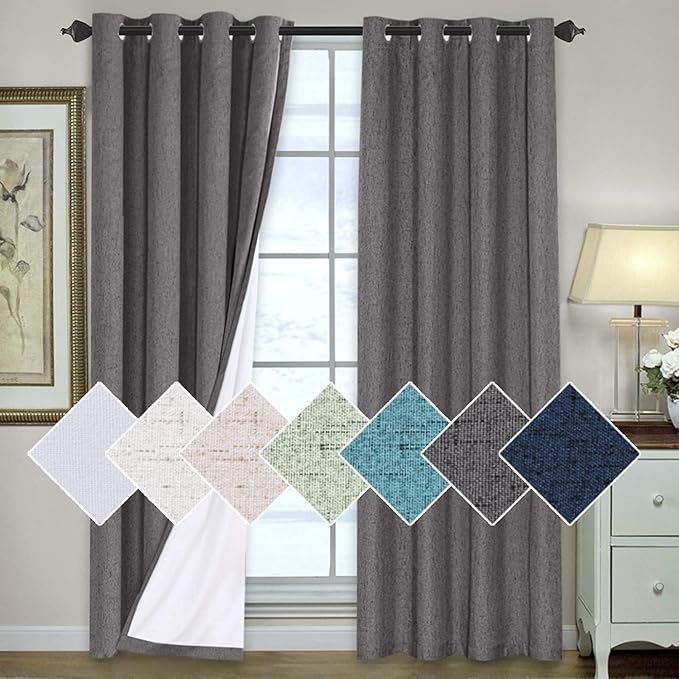 H.VERSAILTEX 100% Blackout Curtains for Bedroom 96 Inches Long Grommet Linen Face Full Light Blocking Curtain Drapes for Living Room Thermal Linen Look Curtains 2 Panels Set, 52" W x 96" L, Grey