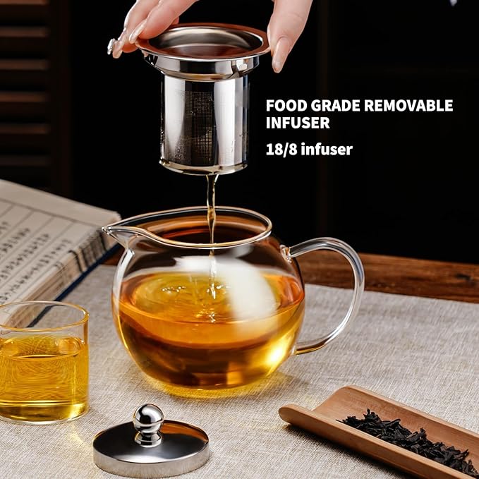 PARACITY Glass Teapot Stovetop 50 OZ/1500ml, Tea pot with Removable 18/8 Stainless Steel Infuser, Borosilicate Clear Tea Kettle, Teapot Blooming and Loose Leaf Tea Maker Tea Brewer for Camping, Travel