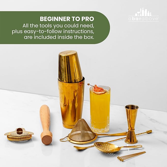 A Bar Above 14-Piece Gold Bartender Kit, Premium Gold-Plated Stainless Steel Barware Gift Set for Home and Professional Use, Includes Cocktail Shaker, Jigger, Strainers, Muddler, Picks, Spoon