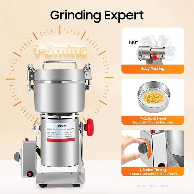 1000g High Speed Food Electric Stainless Steel Grinder Mill Seeds,3600W Electric Grain Mill,30000r/min,Flour Nut Pill Wheat Corn Herbs Spices & Seasonings Dry Grinder (1000g)