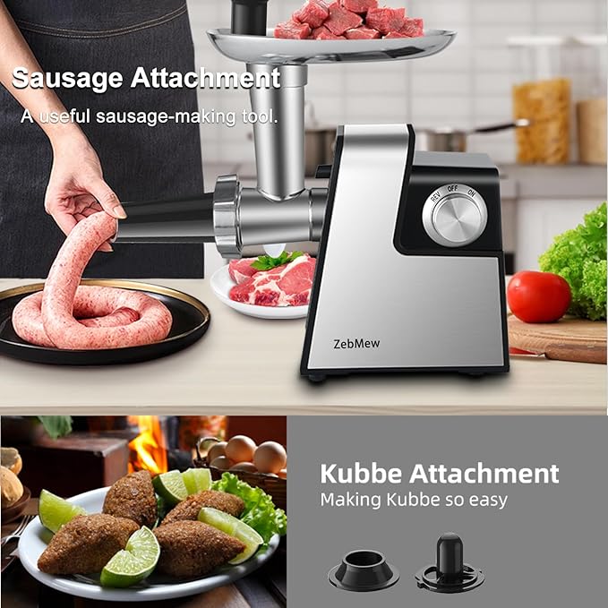 Electric Meat Grinder, 350W(2800W Max) Power Food Grinder with Sausage Stuffer Tubes, Dumpling Maker, and Kubbe Kit, Small Meat Grinder for Home Use ，for Ground Beef, Deer, Chicken, and More