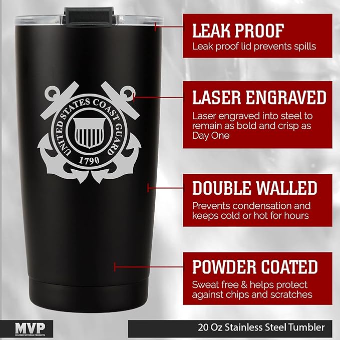 Military Gift Shop 20oz Coast Guard Tumbler, Double-Walled Insulated Steel USCG Coffee Mug with Lid | Coast Guard Gifts | Coast Guard 20oz Tumbler