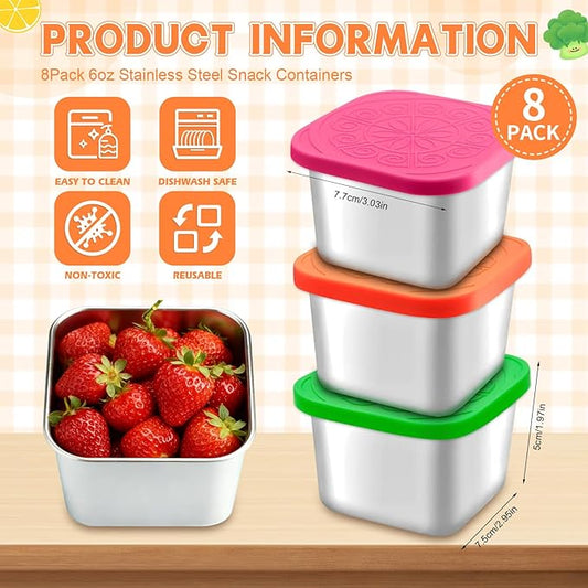 8 Pack Stainless Steel Small Storage Containers with Silicone Lids, 6oz Reusable Mini Portion Cups, Leak-Resistant Metal Containers for Snacks, Sauce, Meal Prep & On-the-Go