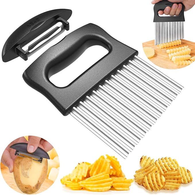 JAYVAR 2 In 1 Crinkle Cutter with Peeler – Stainless Steel Wave Potato Cutter, Crinkle Cut French Fry Slicer for Veggies, Cucumber Slicer Wavy Chopper Vegetable Cutting, Vegetable Peeler for Kitchen