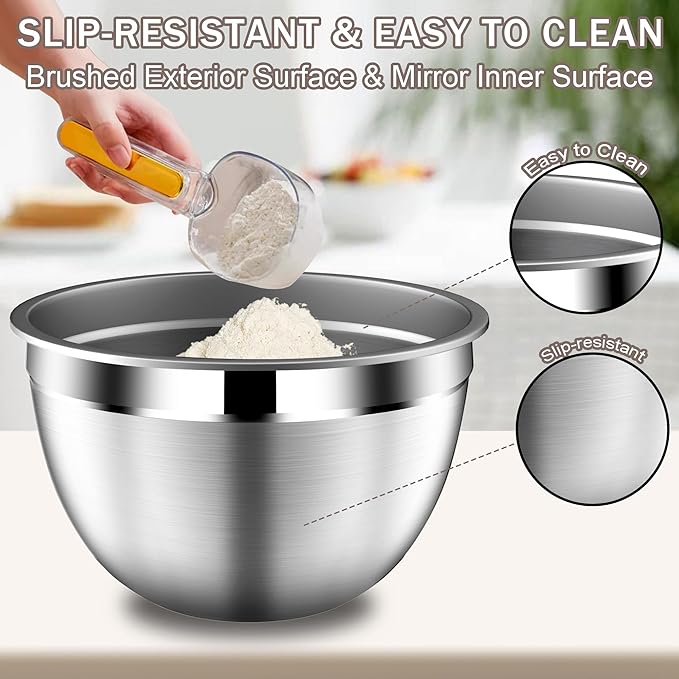 Stainles Steel Mixing Bowls with Lids Set, Stackable Metal Mixing Bowl with Strainer, 5-Piece - Beige