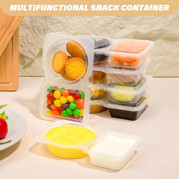 Double Compartment Snack Containers with Lids, 2 Compartment Condiment Container, Plastic Disposable Snack Pack Containers for Sauce, Salad, Food Storage Box (20, Clear, Small)