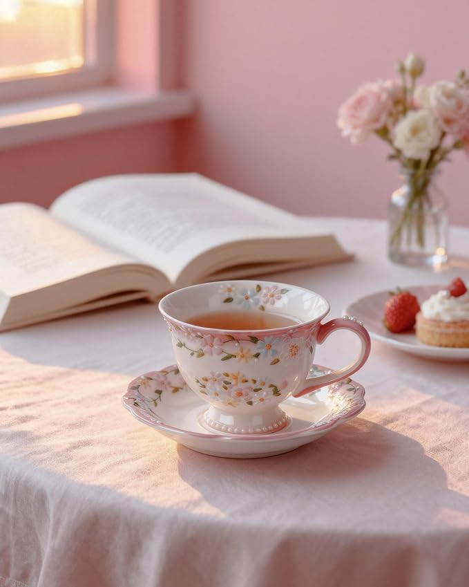 Exquisite Bone China Tea Cups and Saucer Set – Elegant Porcelain Tea Cups, Beautifully Detailed for Tea Lovers, Gift-Ready for Christmas, Hostess, Holiday Gift & Fall Decor