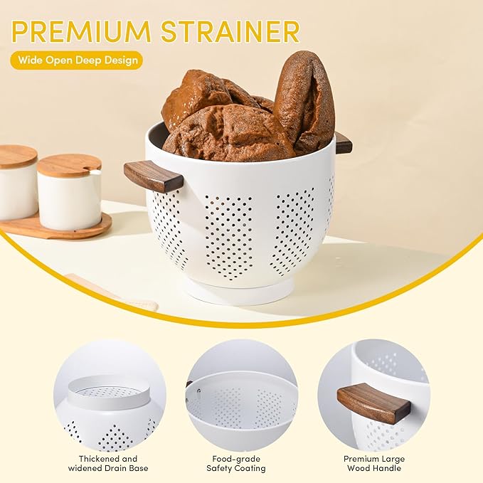 Metal Colander with Wood Handle & Self-Draining Base | 5.8QT Large Pasta Strainer for Kitchen | Scratch-Resistant Powder Coated Steel Basket for Vegetables, Fruit, Berries (White)