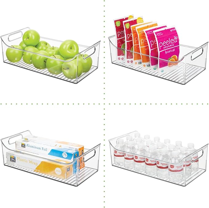 mDesign Slim Plastic Kitchen Pantry Cabinet, Fridge or Freezer Storage Bin with Handles - Organizer Containers for Fruit, Yogurt, Snacks, Pasta - 16" Long - Ligne Collection - 4 Pack - Clear