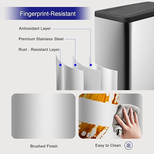12 Gallon Trash Can, Stainless Steel Trash Can with Fingerprint-Resistant, Removal Inner Buck &Soft Close Plastic Lid, Step Garbage Can for Kitchen and Office, 45 Liter Capacity