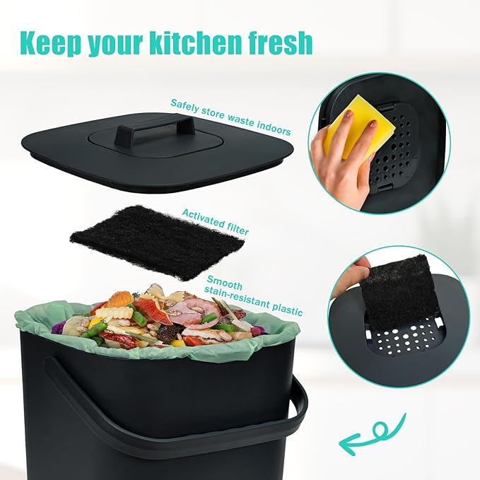 7-Liter Compost Bin Kitchen Countertop Trash Can with Lid - Odorless Compost Bin Outdoor with Filters