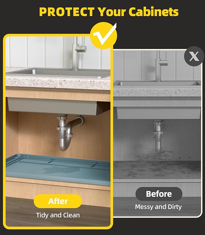 Under Sink Mats for Kitchen Waterproof, 34" X 22" Or Smaller Cut to Fit Under Sink Drip Tray for Kitchen Bathroom Cabinets, Silicone Sink Liner Hold Up to 3.3 Gallons Liquid - Teal