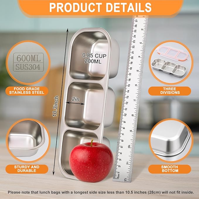2Pack Stainless Steel Snack Containers for Kids & Adults, Reusable 3 Compartment Snack Containers with Lids, Leak Proof Metal Lunch Box, Stackable bento Box for Home, School and Travel