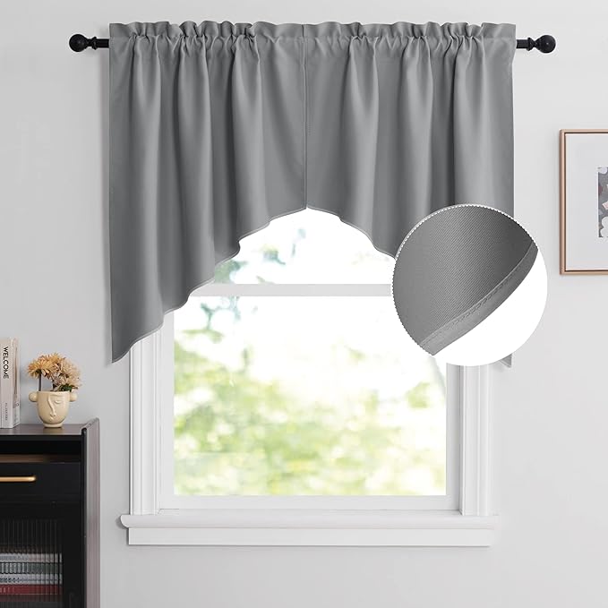NICETOWN Swag Curtains for Kitchen, Blackout Rod Pocket Small Window Tiers Tailored Scalloped Valances for Bedroom (Set of 2, 36 inches by 36 inches Each Panel, Silver Grey)