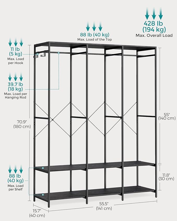 SONGMICS Clothes Rack, Iron and Wood Wardrobe Closet Organizer, Heavy Duty Garment Rack with Hanging Rods, Closet Shelves, Removable Hooks, 15.7 x 55.5 x 70.9 Inches, Ebony Black URGR005B56