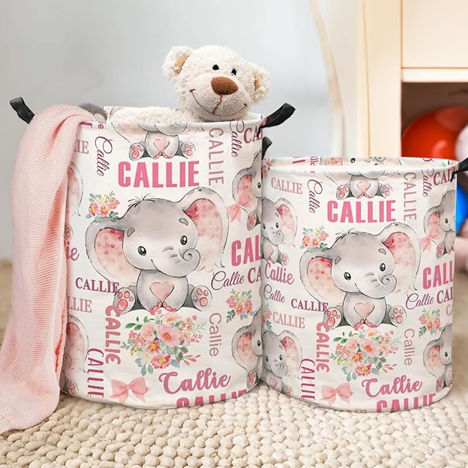 callie Personalized Elephant Laundry Basket for Kids Baby, Waterproof Collapsible Laundry Hamper, Clothes Toys Storage Bin for Bedroom Nursery (13.8" x 16.5", 15.7" x 19.6")