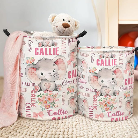 callie Personalized Elephant Laundry Basket for Kids Baby, Waterproof Collapsible Laundry Hamper, Clothes Toys Storage Bin for Bedroom Nursery (13.8" x 16.5", 15.7" x 19.6")