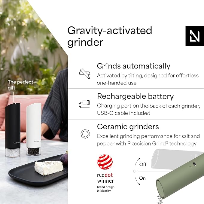 LARS NYSØM Gravity Grinder - Electric Salt & Pepper Grinder Set - USB-C Rechargeable Automatic Spice Grinder, Adjustable Coarseness, One-Handed Operation for Kitchen (Sage Green)