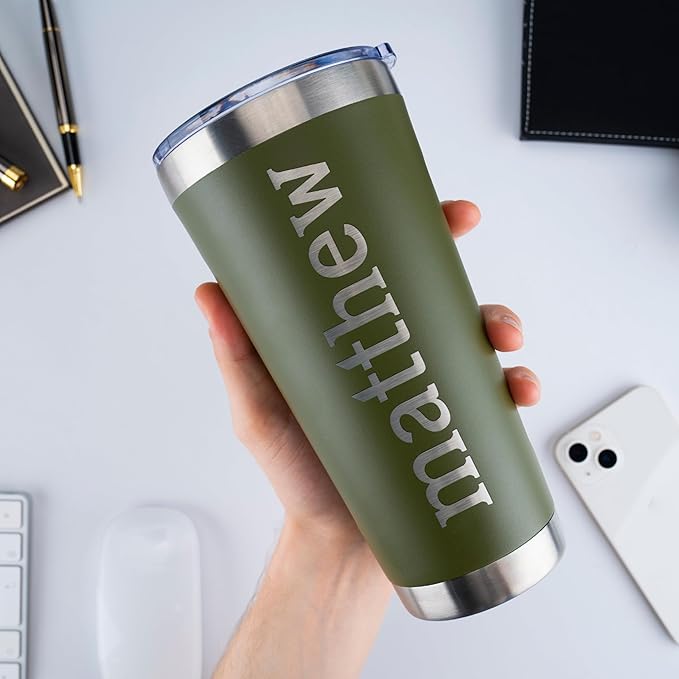 Updated, Personalized Tumblers, Stainless Steel 30 oz Tumbler w/Lid |13 Designs| Personalized Cups Double Walled Insulated Coffee Cup for Travel, Fitness | Hot & Cold Drink Use - Army