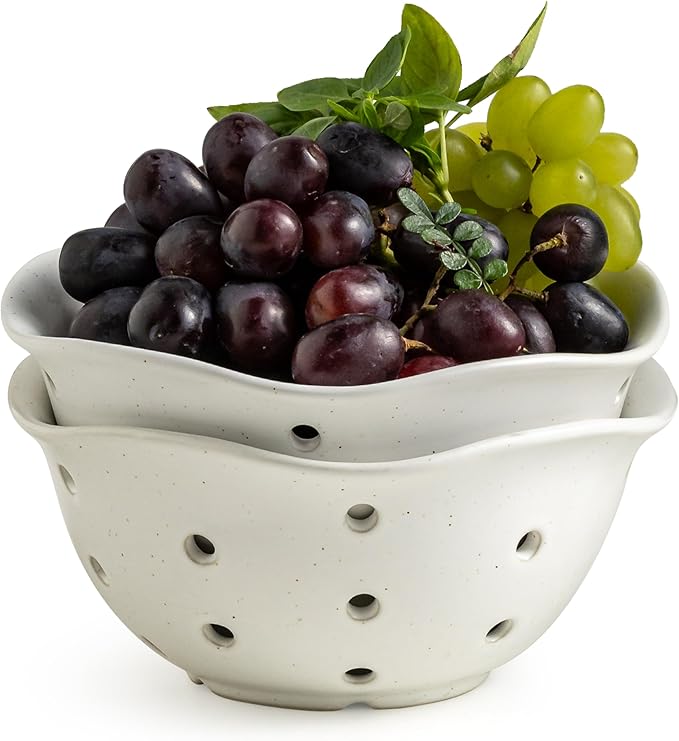 Gomakren Ceramic Berry Basket Set of 2, Rustic Fruit Basket Container 6 Inch, Fruit Bowl with Holes for Kitchen, Berries, Strawberry, Grape, Cherry, Floral Shape - Cream White