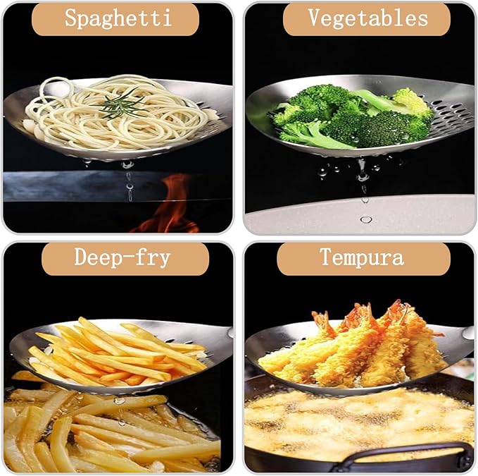 Stainless Steel Colander Strainer Pasta Food Noodle Grease Drain Fine Mesh Metal Kitchen Universal Clip on Spider Handle 5.8 Inch