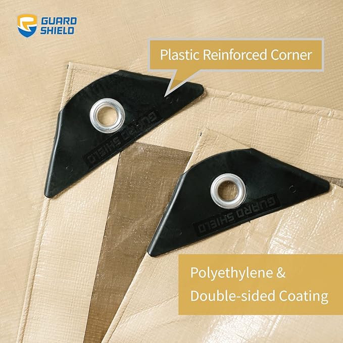 GUARD SHIELD Beige Tarp Heavy Duty Waterproof 30x30 Feet Outdoor Poly Tarps Cover Thick UV Resistant Canopy Tarpaulin with Grommets 10mil