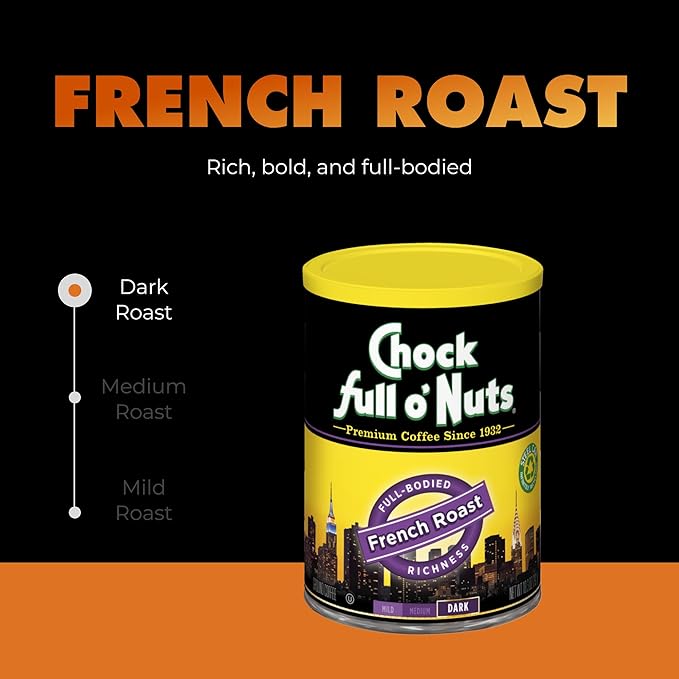 Chock Full o' Nuts French Roast Ground Coffee – Premium Beans in Recyclable Steel Can – Rich Flavor & Aroma, Dark Roast – Perfect for Drip, Pour-Over, Percolator – 10.3 Oz Can, Pack of 6