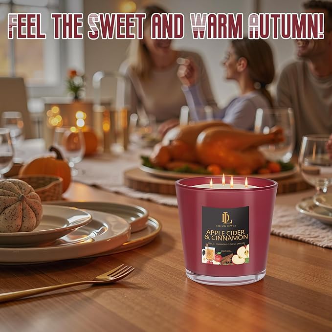 Large Fall Candle Apple Cider & Cinnamon Scented, 4 Wick Natural Soy Candles for Home Scented, 30oz Big Autumn Candle Long Lasting, Home Aromatherapy Candles Housewarming Gift for Women Men