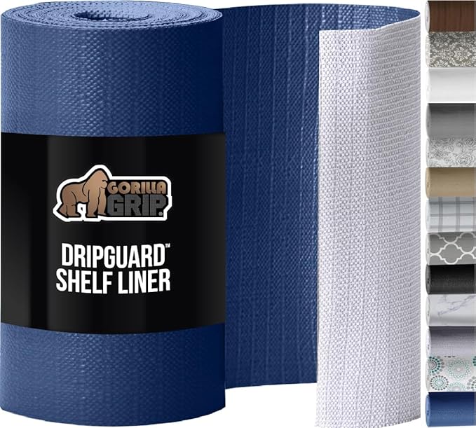 GORILLA GRIP DripGuard Shelf Liner, Non Adhesive Drawer and Kitchen Cabinet Protector, Slip Resistant BPA Free Smooth Surface Plastic Liners for Cabinets, Bathrooms, Closets, 17.5x240 Inch, Navy Blue