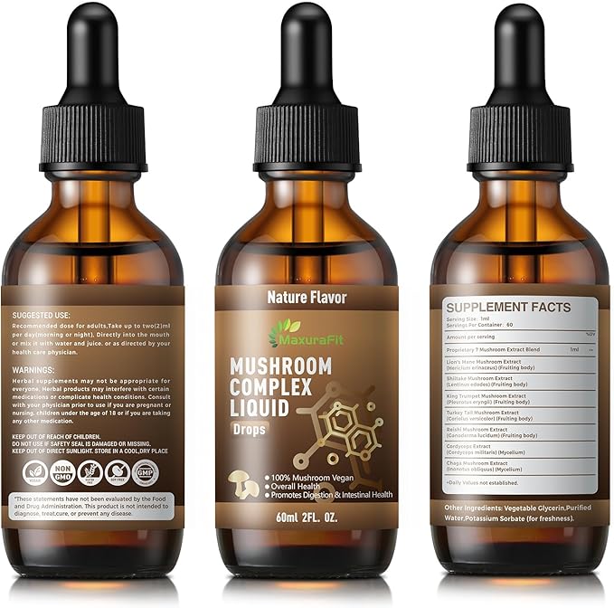 Vegan Immune Mushroom Tincture Supplement,7 in 1 Mushroom Extract Liquid Drops with Lion's Mane,Shiitake,King Trumpet,Turkey Tail,Reishi,Chaga & Cordyceps 2 fl oz (60 Servings)