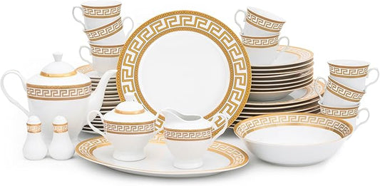 Porcelain Dinnerware Set for 8 - Luxurious 49 Piece Dish Set - White and Gold Greek Key Design - Dinner Plates, Bowls, Cups and Saucers for Everyday Dishes or Formal Occasions (Meander Gold 2049)
