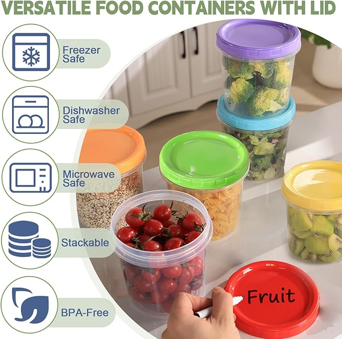 32 oz Plastic Containers with Lids, 12 Pack Stackable Freezer Soup Container, Reusable Clear Food Storage Meal Prep Containers for Snack Fruit, Microwave & Dishwasher Safe, with Pen & Brush
