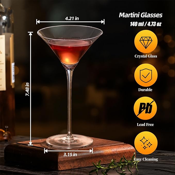 KAMMAK Martini Glasses Set of 2, 4.73 oz Clear Crystal Cocktail Glasses with Stem, Reusable Cocktail Glassware for Wedding Birthday Party, Bar, Margarita, Whiskey, Gin, Tequila, DS1801
