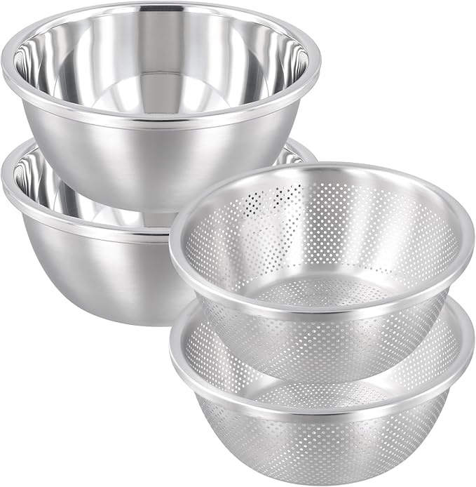 4 PCS 5QT Stainless Steel Colander Set with Mixing Bowls, Multi-Use Kitchen Strainer for Washing Vegetables Fruits Rice, Dishwasher Safe
