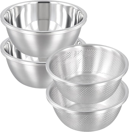 4 PCS 5QT Stainless Steel Colander Set with Mixing Bowls, Multi-Use Kitchen Strainer for Washing Vegetables Fruits Rice, Dishwasher Safe