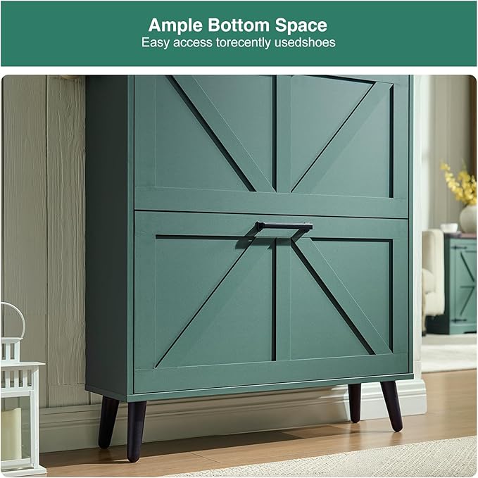 Shoe Storage Cabinet,Farmhouse Shoe Organizer with 2 Flip Drawers & Barn Door Design,Freestanding Hidden Slim Narrow Shoe Rack Cabinet with Open Storage for Entryway, Foyer,Hallway,Green