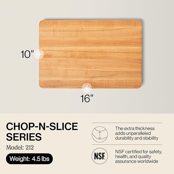 John Boos Chop-N-Slice Series Rectangular Wooden Maple Cutting Board 16”x10” – 1” Thick, 4.5-lb Reversible Butcher Block with Eased Corners, Edge-Grain – Made in the USA