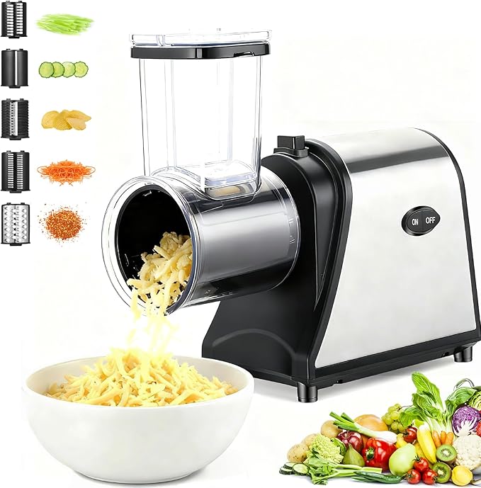 Electric Cheese Grater, 5-in-1 Vegetable Slicer & Salad Maker with Stainless Steel Blades, 250W One-Touch Electric Cheese Shredder for Block Cheese, Vegetables, Fruits and Nuts