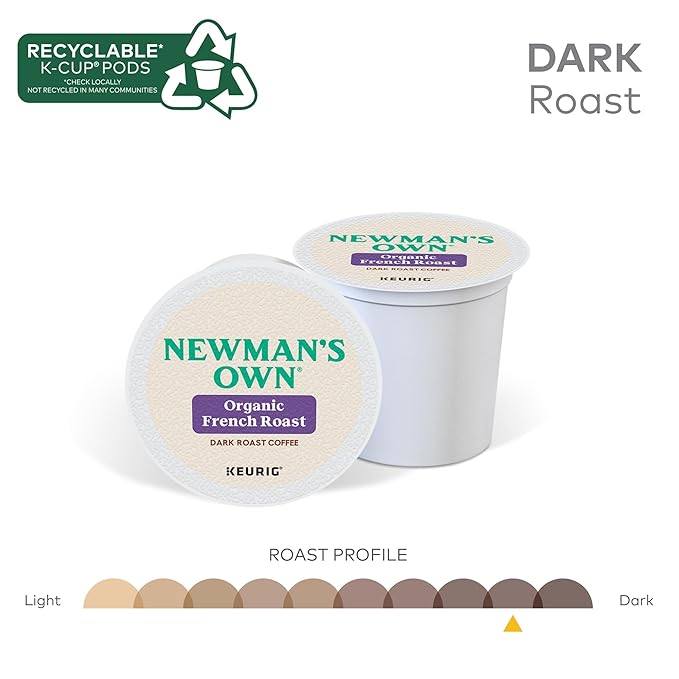 Newman's Own Organic French Roast Coffee, Keurig Single Serve K-Cup Pods, Dark Roast Coffee, 60 Count, (6 Packs of 10)