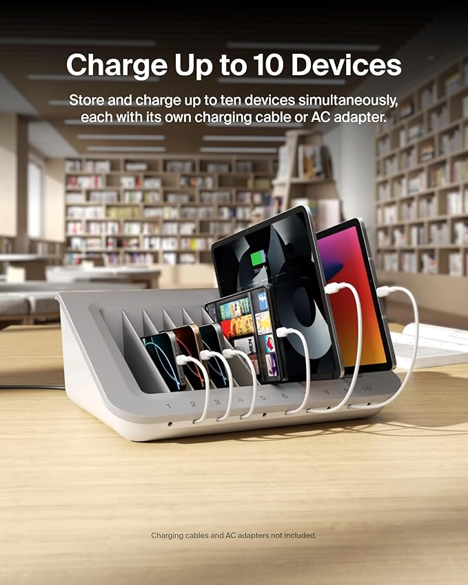 Belkin Charging Station For Laptops with Surge Protector - 10 Device USB Charging Dock for Tablets, Laptops, Chromebooks – Cable Management for Classrooms, Offices, Tech Labs, Shared Spaces, & More