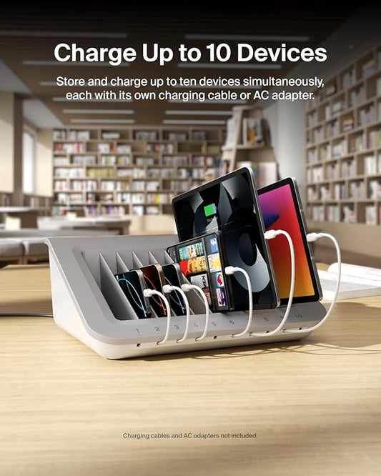Belkin Charging Station For Laptops with Surge Protector - 10 Device USB Charging Dock for Tablets, Laptops, Chromebooks – Cable Management for Classrooms, Offices, Tech Labs, Shared Spaces, & More