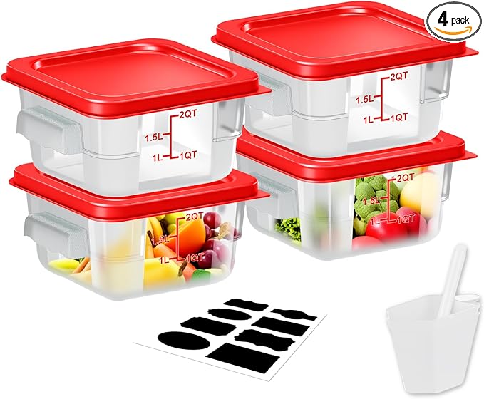 Airtight Square Food Storage Containers with Lids 4-Pack, Lock-Tight Seal for Flour, Sugar, Cereal, Keep Food Fresh, BPA-Free Stackable Kitchen Canisters with Measurements (Red, 2QT-4PACK)