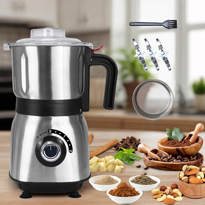 Spice Grinder Electric,Herb Nut Grinder for Kitchen, Detachable Espresso Grinders with Stainless Steel Blades, Filter and Brush, 500w Dry and Wet Grain Mill for Coffee, Rice, Bean, Seasoning (Black)