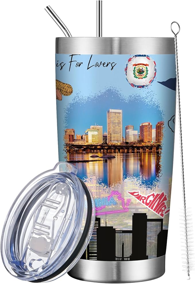 20oz Insulated Tumbler Virginia State Coffee Mug, United States Map Travel Mug Landmark, Birthday Gifts Cute Custom Tumbler Cups with Lid and Straw Gifts for Mom