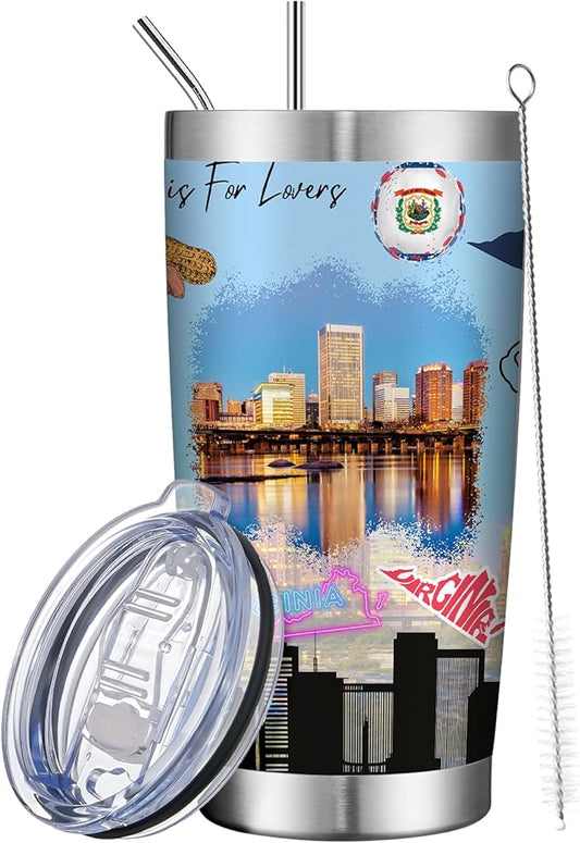 20oz Insulated Tumbler Virginia State Coffee Mug, United States Map Travel Mug Landmark, Birthday Gifts Cute Custom Tumbler Cups with Lid and Straw Gifts for Mom