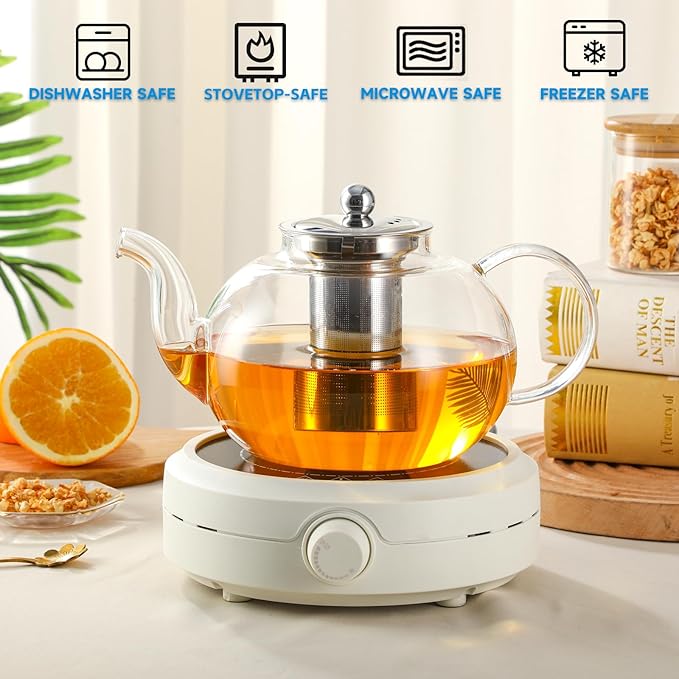 50OZ/1500ML Glass Teapot Set with 4 Double Wall Teacups & Removable Infuser, Stovetop & Microwave Safe Clear Tea Maker Water Kettle with 7OZ/200ML Tea Cups for Loose Leaf Blooming Tea