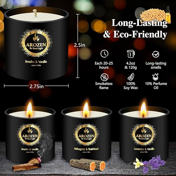 3 Pack Candles for Men, Scented Candles Gifts Set, Aromatherapy Soy Black Candles for Home Scented, Gifts for Men Chrismas, Scent of Lavender, Mahogany Teakwood & Smoke Vanilla, 70H Burn Time