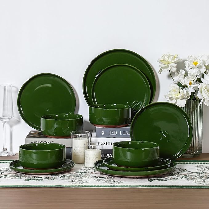 GZG Modern Art Series - 24 Pcs Speckled Stoneware Plates and Bowls Sets, Ceramic Dinnerware Set with Rustic Terracotta Underside, Microwave and Dishwasher Safe Handcrafted Dishes Set - Verdant Green